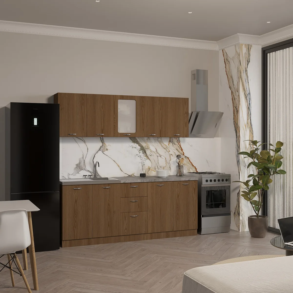 Кухня Comfort 1,6 м Дуб Родос темный с столешницей для дома и квартиры модульная мебель кухонный гарнитур