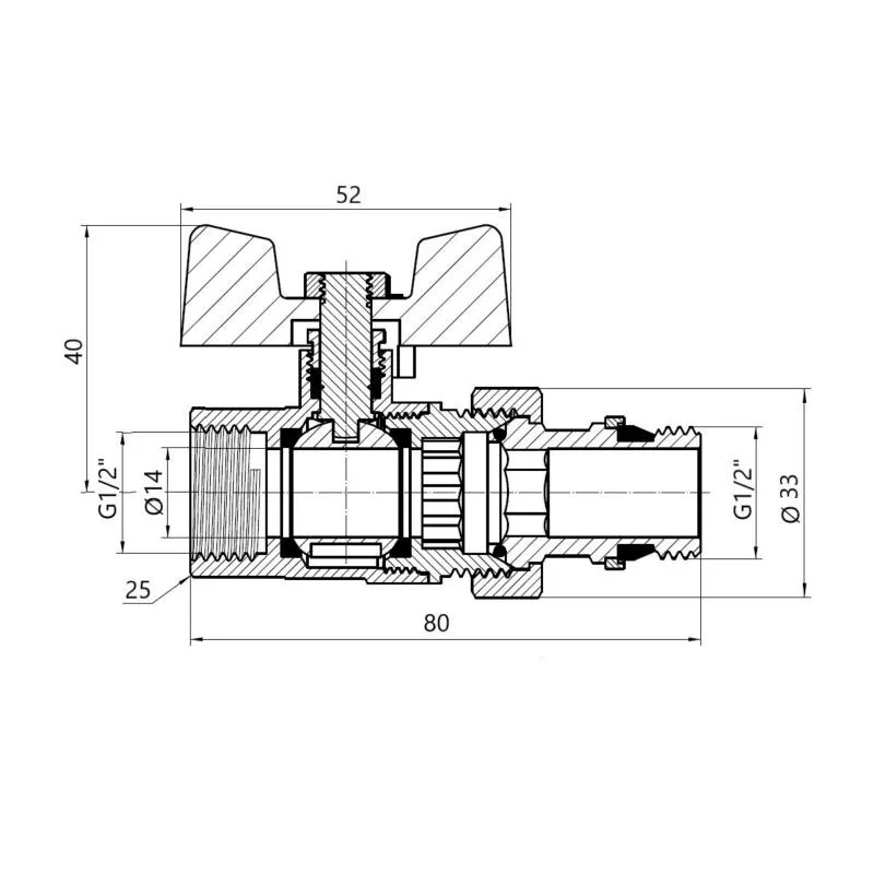 Кран кульовий 1/2" з антипротіканням латунний метелик Thermo Alliance Standart 80х14х57 мм