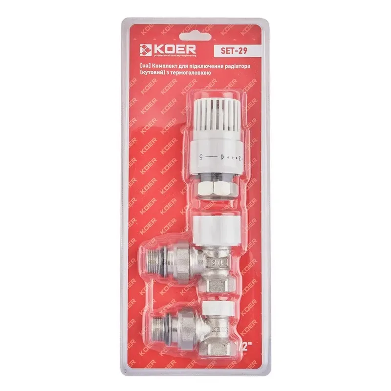 Комплект підключення радіатора KOER 1/2'' латунь білий кутовий з термоголовкою