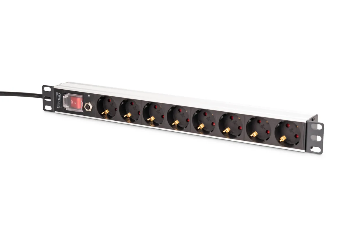 Устройство распределения электроэнергии DIGITUS 1U, 8xSchuko, 16A, 250V, выключатель, предохранитель, вилка Schuko.