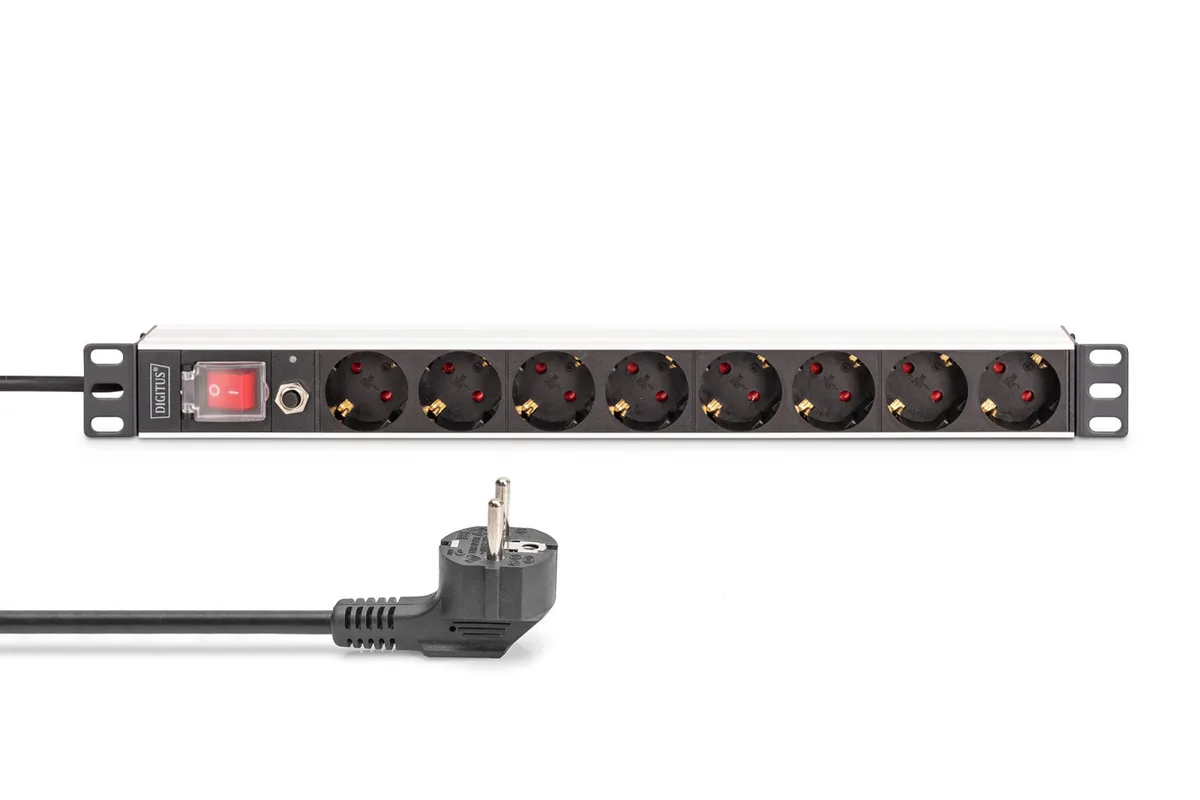 Устройство распределения электроэнергии DIGITUS 1U, 8xSchuko, 16A, 250V, выключатель, предохранитель, вилка Schuko.
