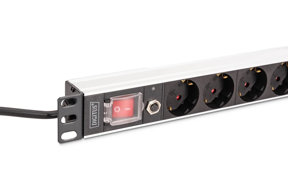 Устройство распределения электроэнергии DIGITUS 1U, 8xSchuko, 16A, 250V, выключатель, предохранитель, вилка Schuko.