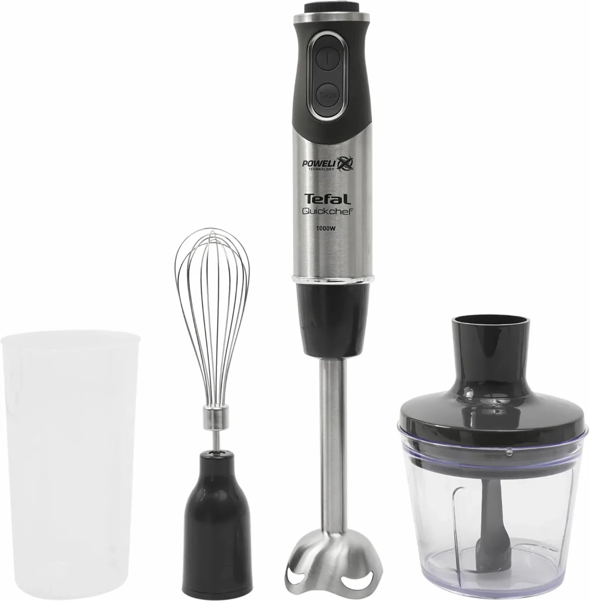 Занурювальний блендер Tefal Quickchef 1000Вт, 3 в 1, чаша 800 мл, подрібнювач 500 мл, турборежим, сріблястий/чорний.
