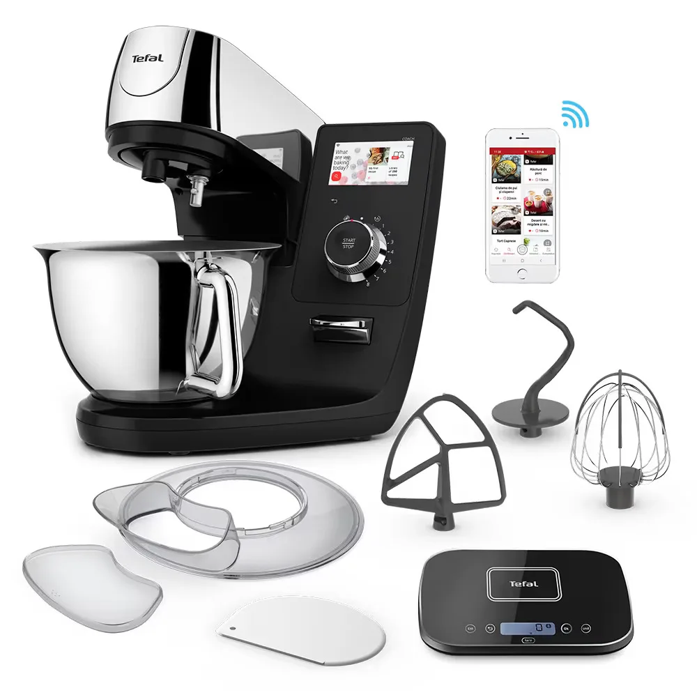 Кухонный комбайн Tefal I-Coach Touch, 1200Вт, металлический контейнер, корпус из металла и пластика, сенсорный экран, 3 насадки, подключение к смартфону