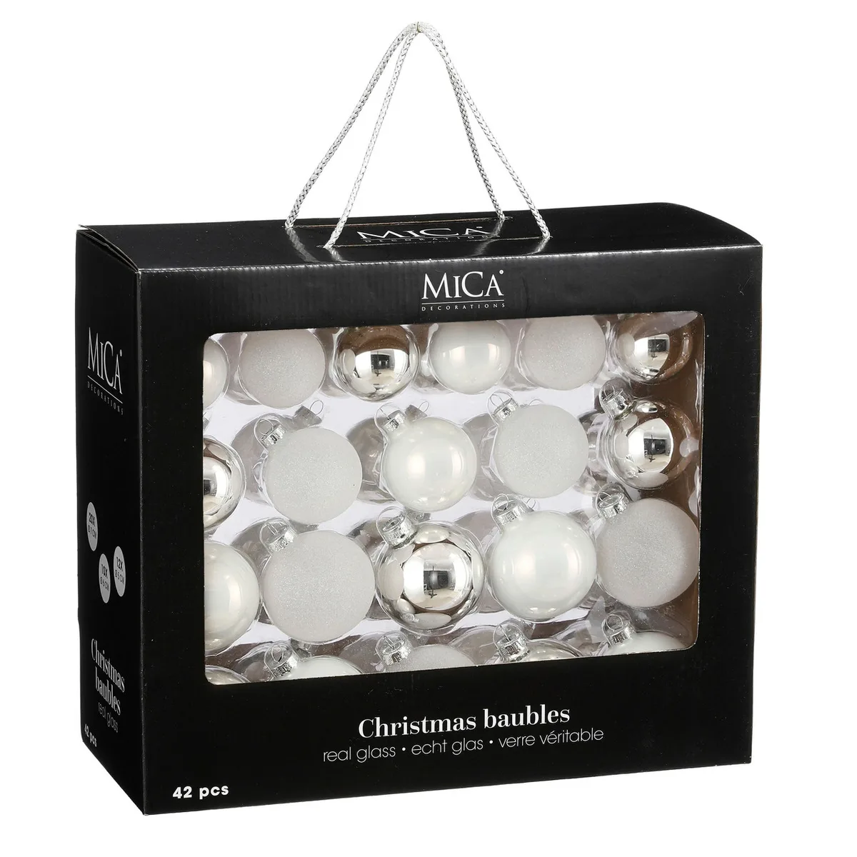 Елочные стеклянные шары Mica Decorations 42 шт 5 6 7 см белые
