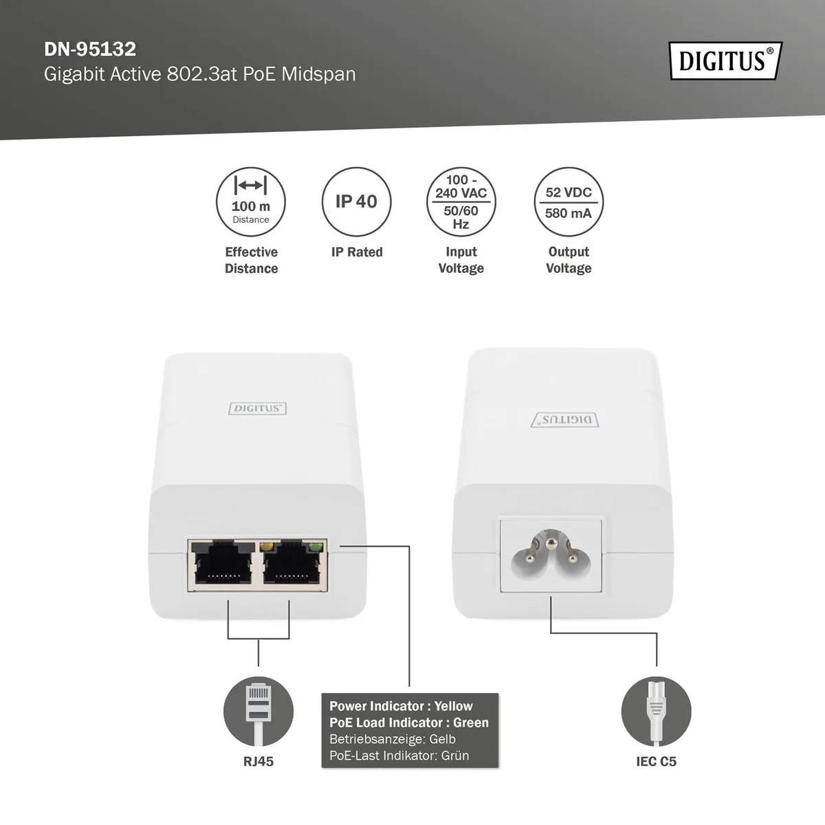 PoE-Инжектор DIGITUS PoE+ 802.3at, 10/100/1000 Mbps, максимальный выход 48V, 30W, белый.
