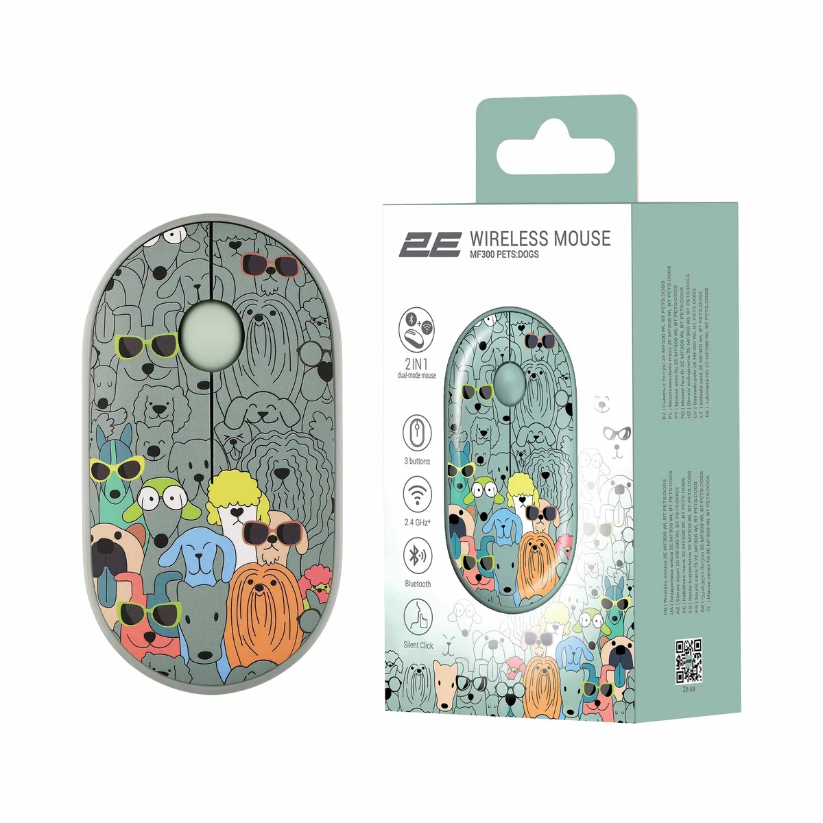 Миша 2E MF300 PETS:DOGS Silent WL BT, зеленый