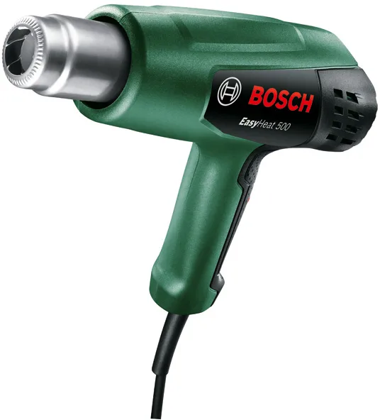 Будівельний фен Bosch EasyHeat 500, 1600 Вт, температури 300/500°C, продуктивність 240/450 л/хв, вага 0.89 кг.