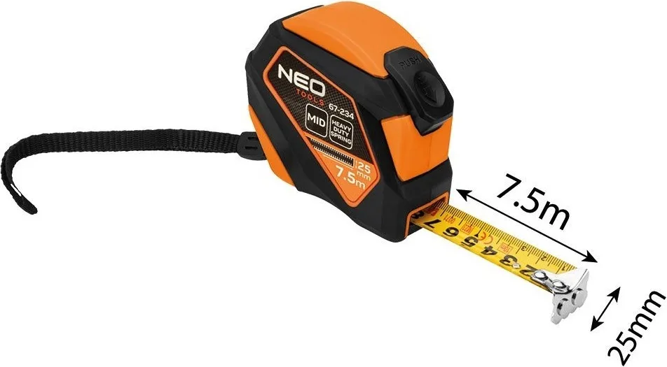 Рулетка Neo Tools, 7.5м x 25мм, зі стопором та магнітним кріпленням.