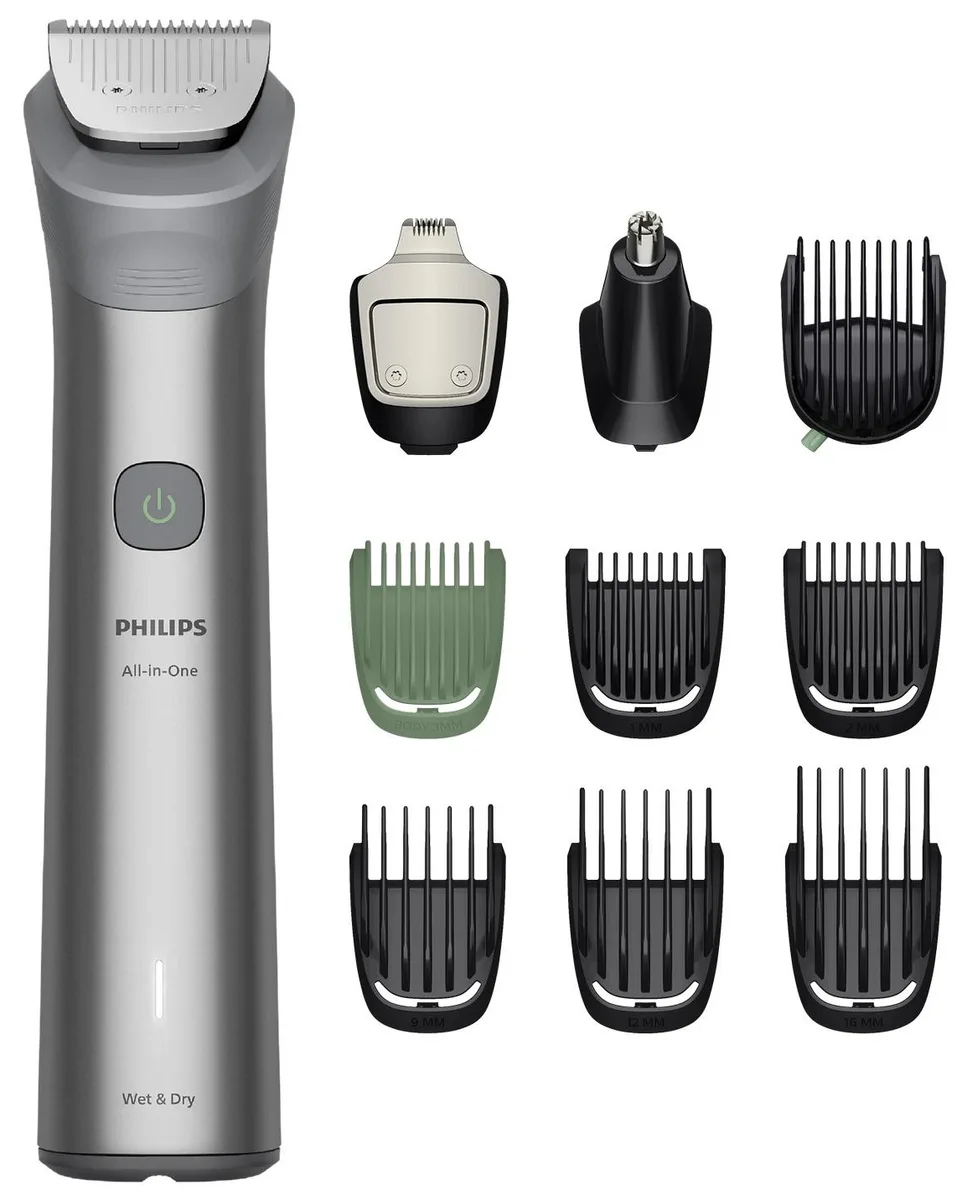 Тример Philips 5000 для стрижки бороди, волосся та тіла, 10 насадок, нержавіюча сталь, сірий.