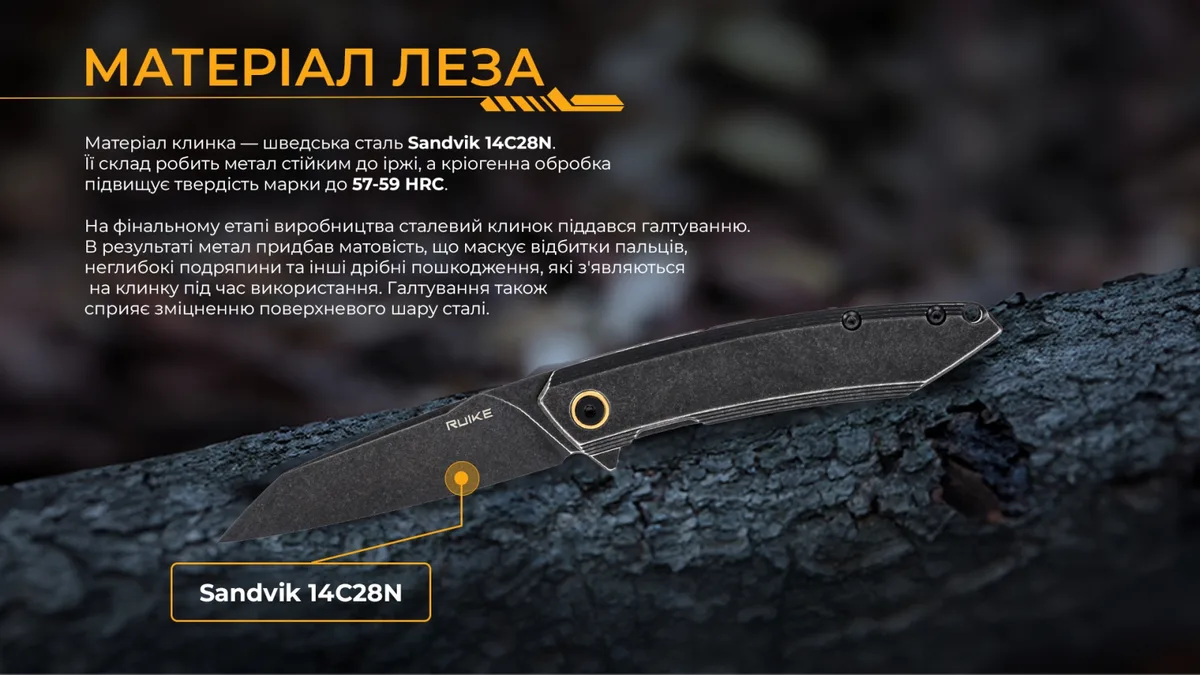 Ніж складаний Ruike сталь Sandvik 14C28N 85 мм чорний