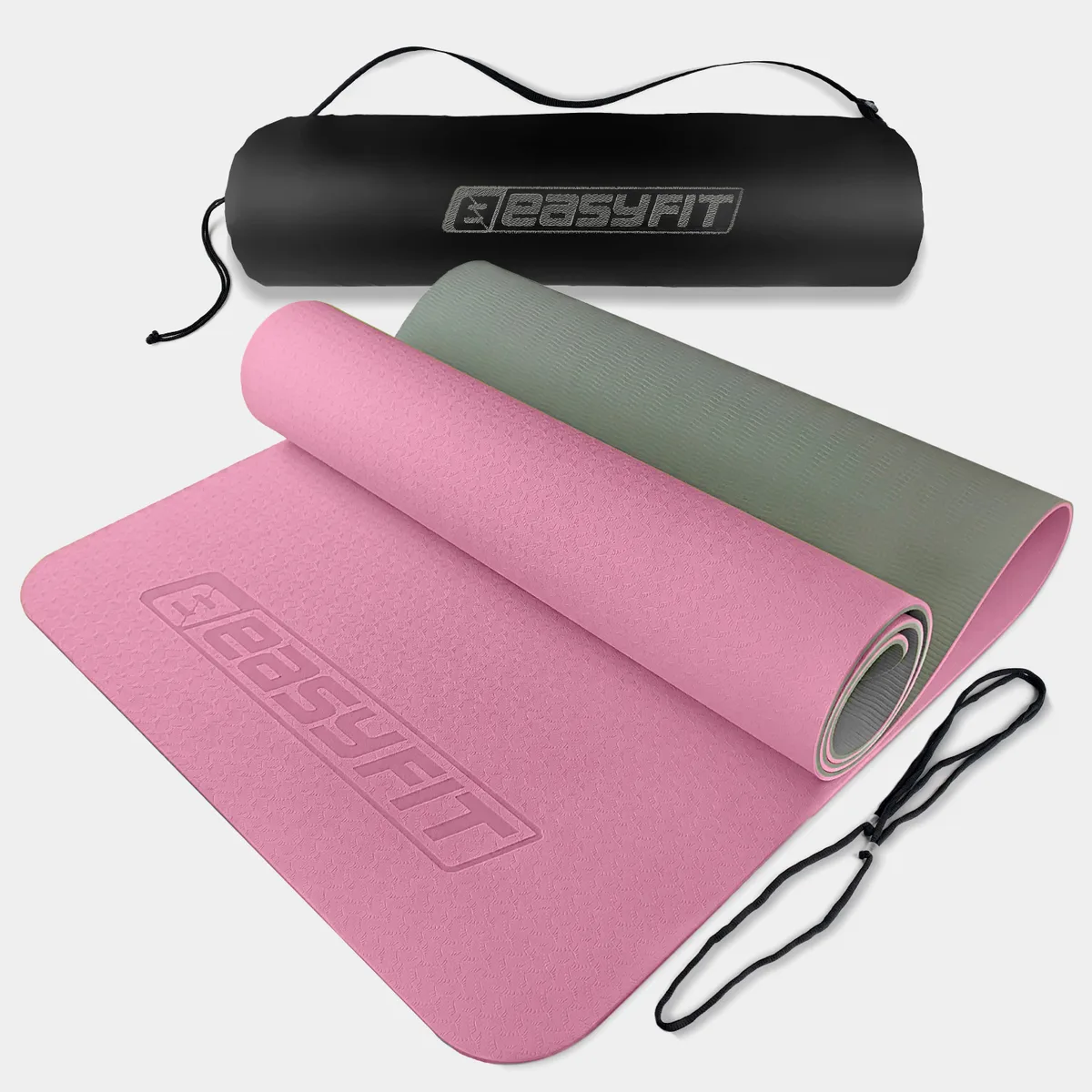 Килимок для йоги EasyFit TPE 183х61 см 6 мм рожевий-сірий з чохлом сірим з чорним