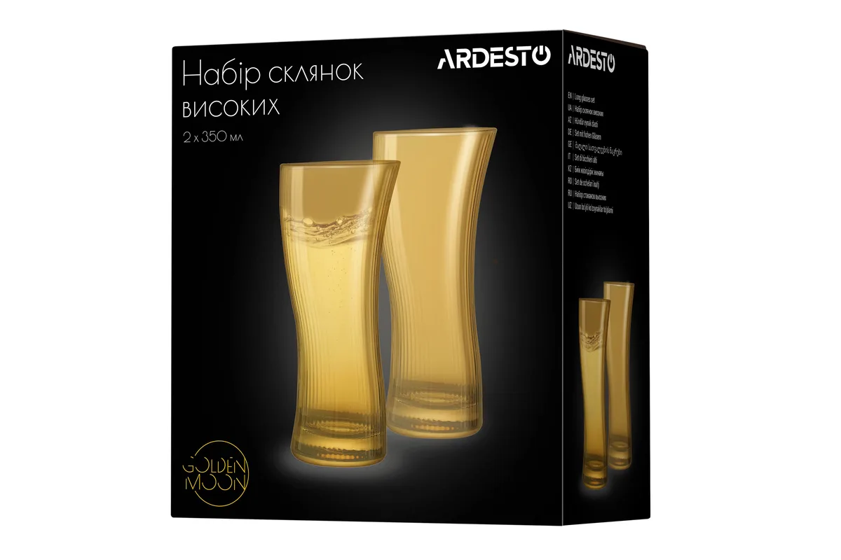 Набір високих склянок ARDESTO Golden Moon, об'єм 350 мл, 2 шт., скло, з золотистим декором.