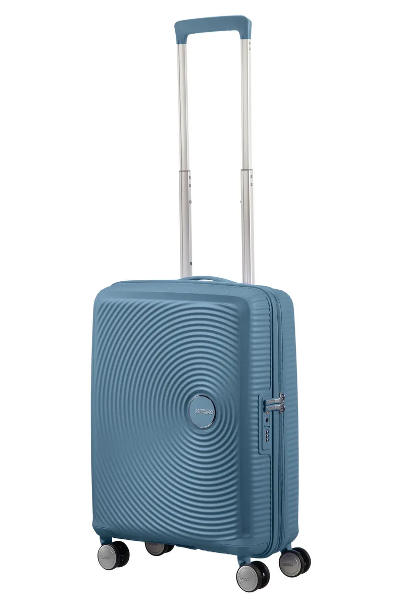 Валіза American Tourister, Soundbox, поліпропілен, мала, 55см, 35.5/41л, TSA, 4 колеса, EXP, сіро-синій