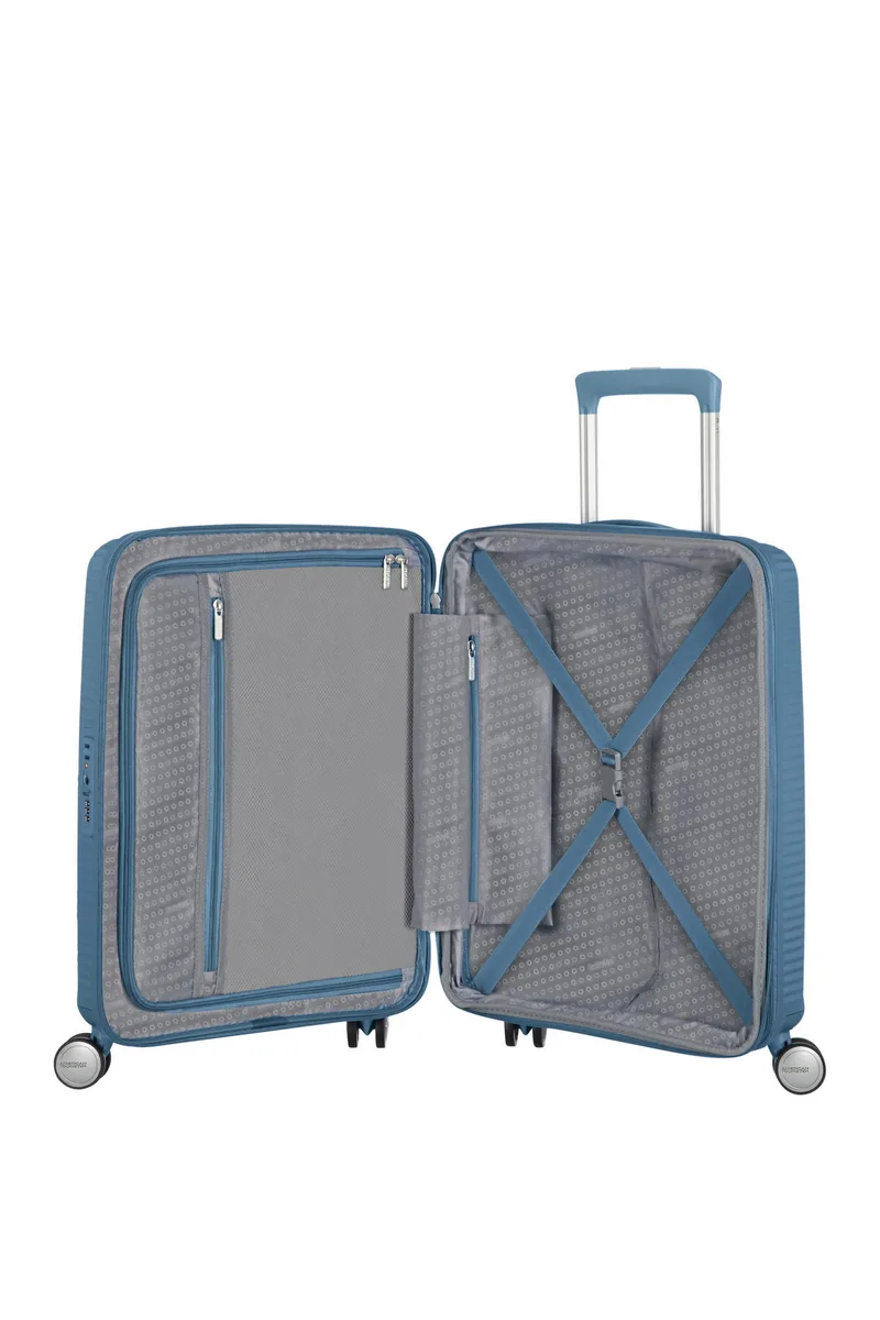 Валіза American Tourister, Soundbox, поліпропілен, мала, 55см, 35.5/41л, TSA, 4 колеса, EXP, сіро-синій