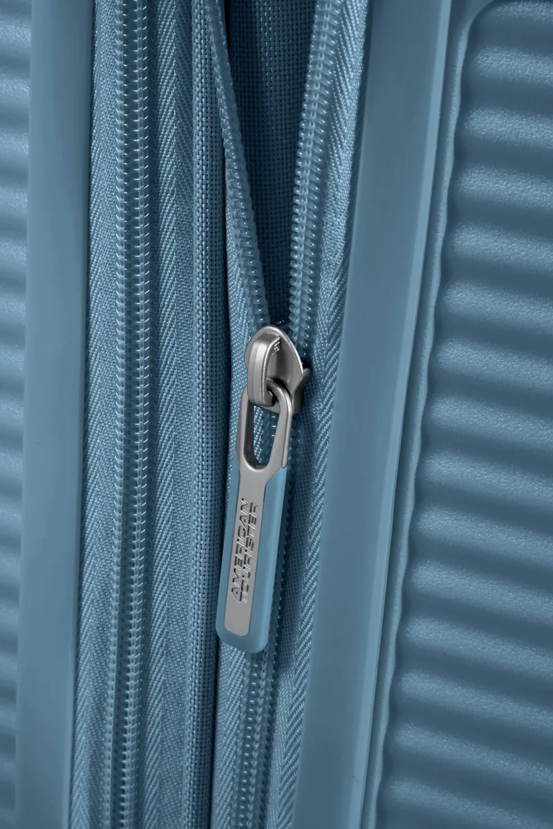 Валіза American Tourister, Soundbox, поліпропілен, мала, 55см, 35.5/41л, TSA, 4 колеса, EXP, сіро-синій