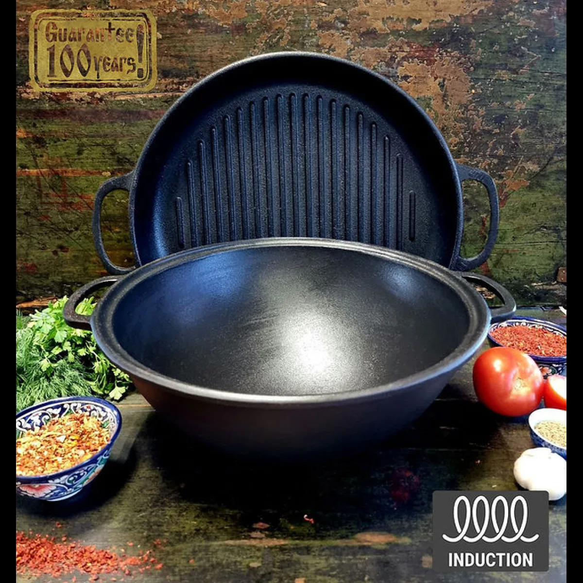 Казан чавунний Maysternya 8 л WOK з кришкою-сковородою 34 см Чорний
