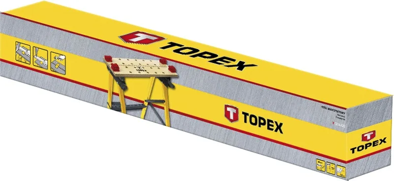 Складаний верстат TOPEX 60x24x80 см, здатний витримувати навантаження до 100 кг, вага 6.55 кг, робоча поверхня ДВП.
