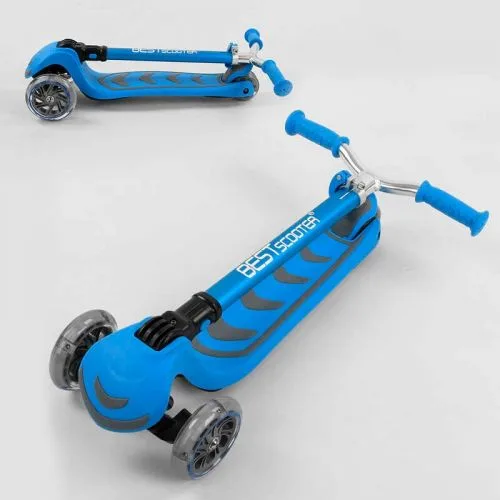 Трехколесный самокат Best Scooter голубой складной для детей с алюминиевым рулем и светящимися колесами.