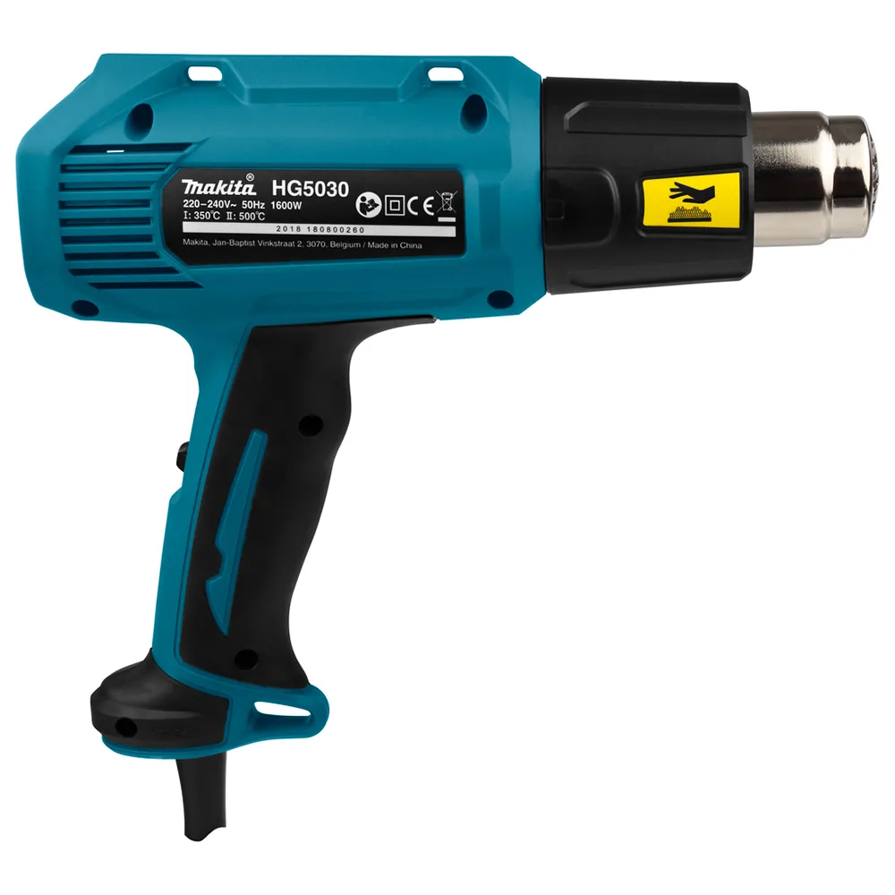 Будівельний фен Makita HG5030K, 1600 Вт, температурний діапазон 350/500°C, вага 0.6 кг.