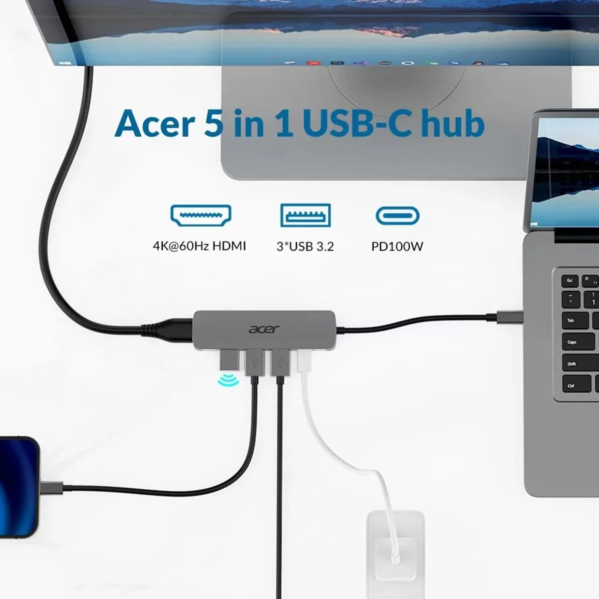 Хаб Acer 5in1 USB-C > 3xUSB-A 3.0/HDMI/USB-C, 0.15м, серый