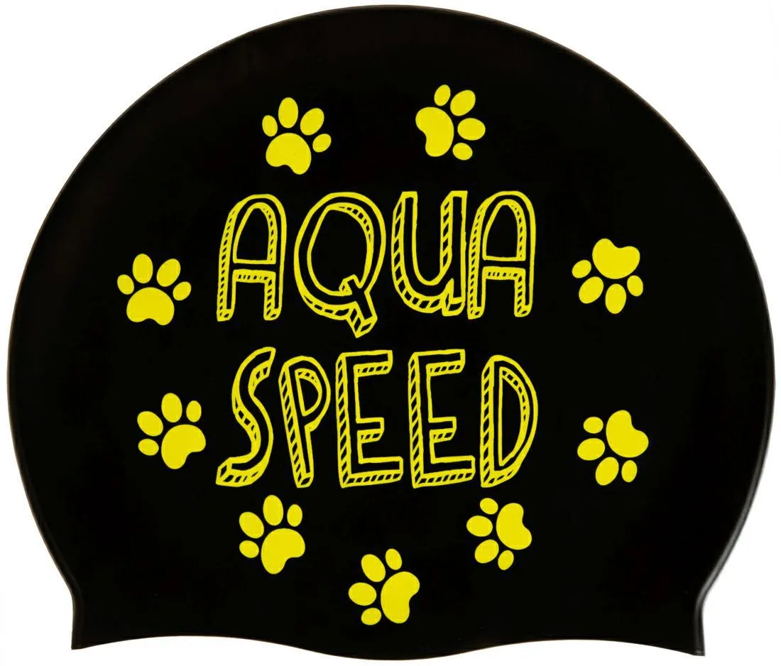 Шапка для плавання Aqua Speed силіконова OSFM чорна з принтом котика