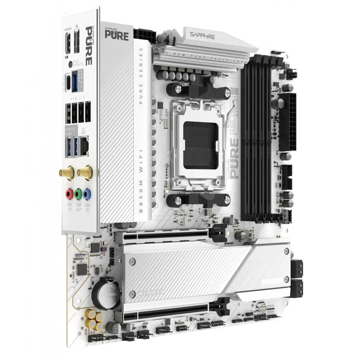 Материнcька плата SAPPHIRE PURE B850M WIFI sAM5 B850 4xDDR5 M.2 HDMI DP Wi-Fi BT mATX білий