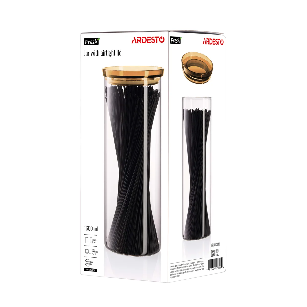 Контейнер для зберігання ARDESTO Fresh 1600 мл, скляний, пластиковий, прозорий.