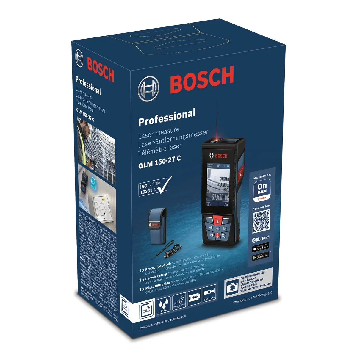 Лазерный дальномер Bosch Professional GLM 150-27 C, 008-150м, точность ±15мм, 0-360°, с Bluetooth и чехлом, вес 021кг.