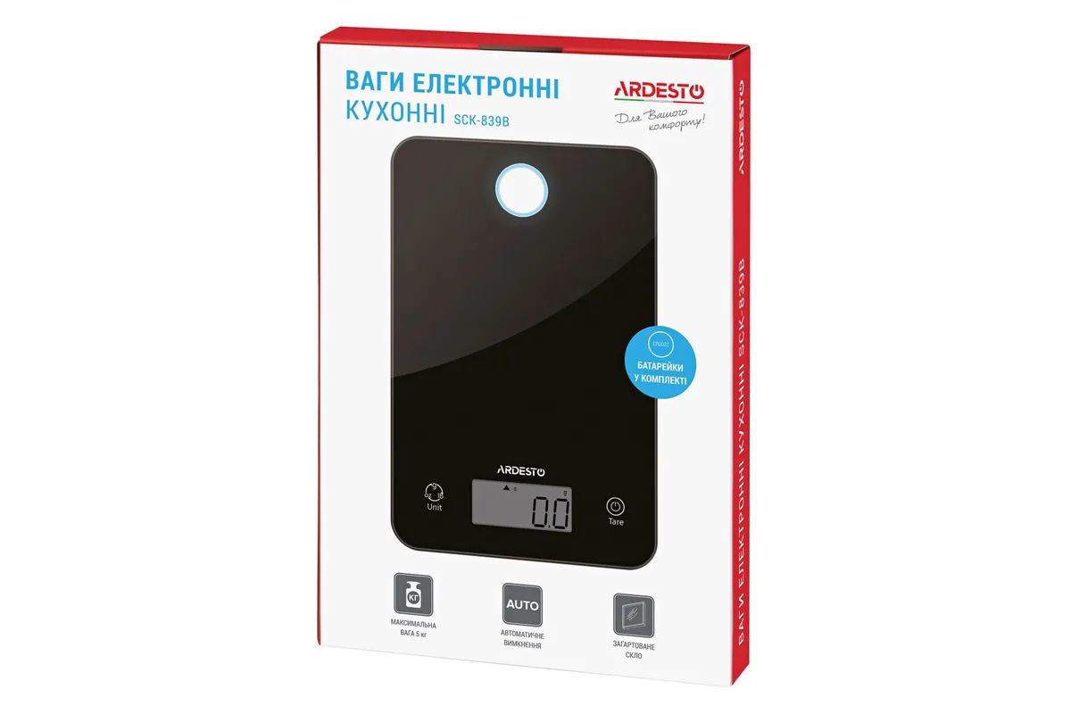 Кухонні ваги ARDESTO, 5 кг, з живленням від 2-х батарей CR2032, скляний корпус, чорний колір.
