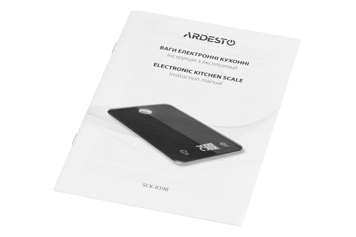 Кухонні ваги ARDESTO, 5 кг, з живленням від 2-х батарей CR2032, скляний корпус, чорний колір.