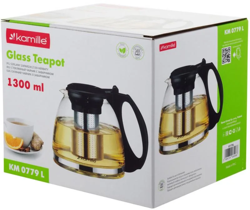 Заварник Kamille Glass-Teapot 1300 мл з боросилікатного скла з ситечком з нержавіючої сталі