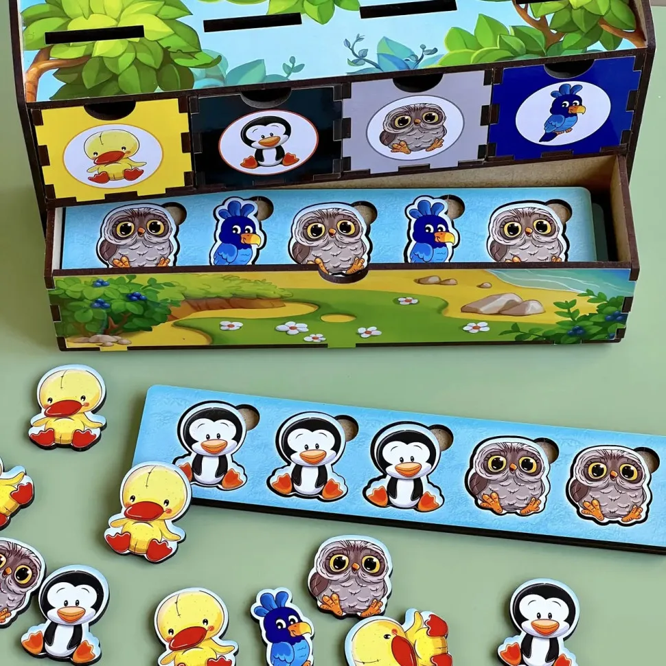 Деревянная настольная игра Ubumblebees сортер-комодик 4 ящика 6 планок цветной 30 фигур птиц