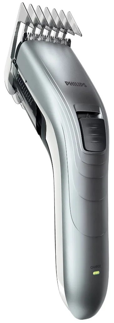 Акумуляторна машинка для стрижки Philips з роторним мотором, виготовлена зі сталі, сріблястого кольору.