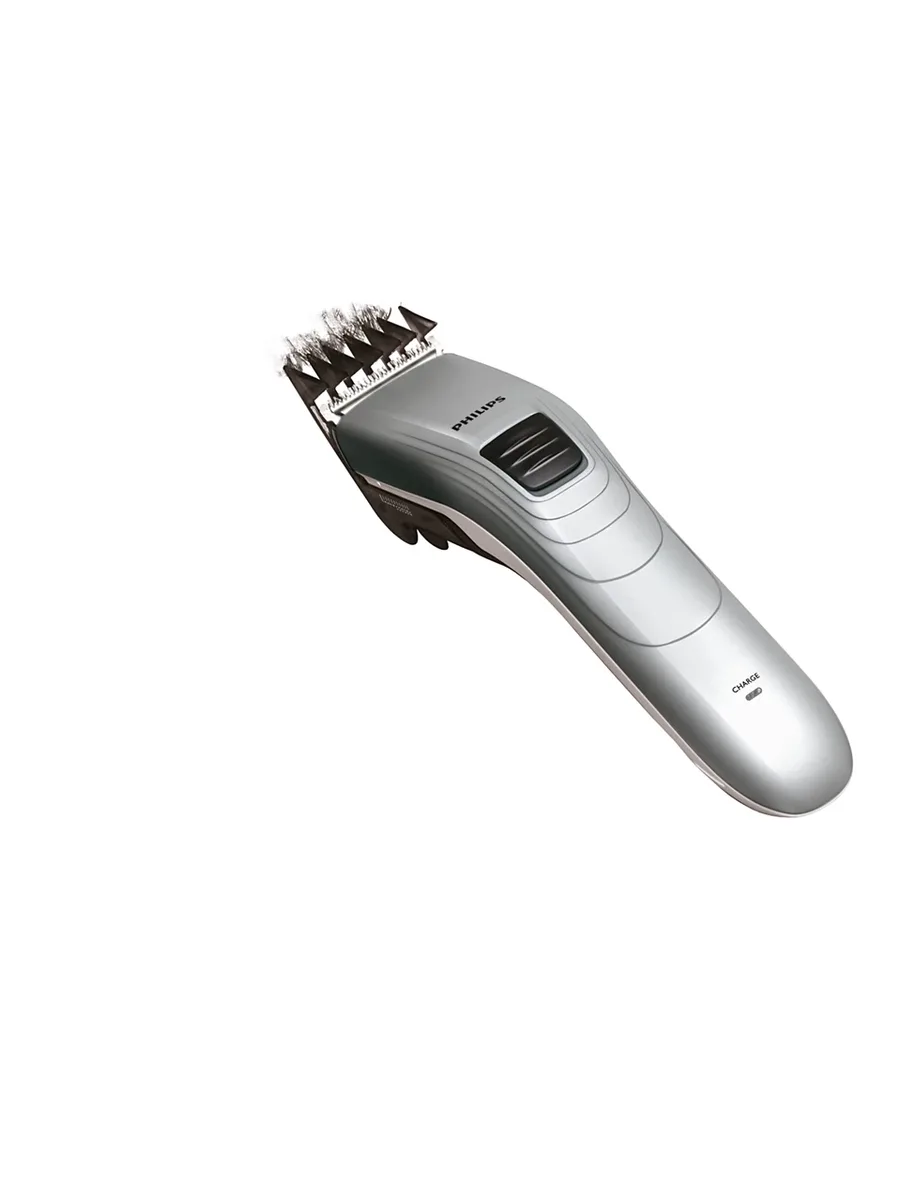 Акумуляторна машинка для стрижки Philips з роторним мотором, виготовлена зі сталі, сріблястого кольору.