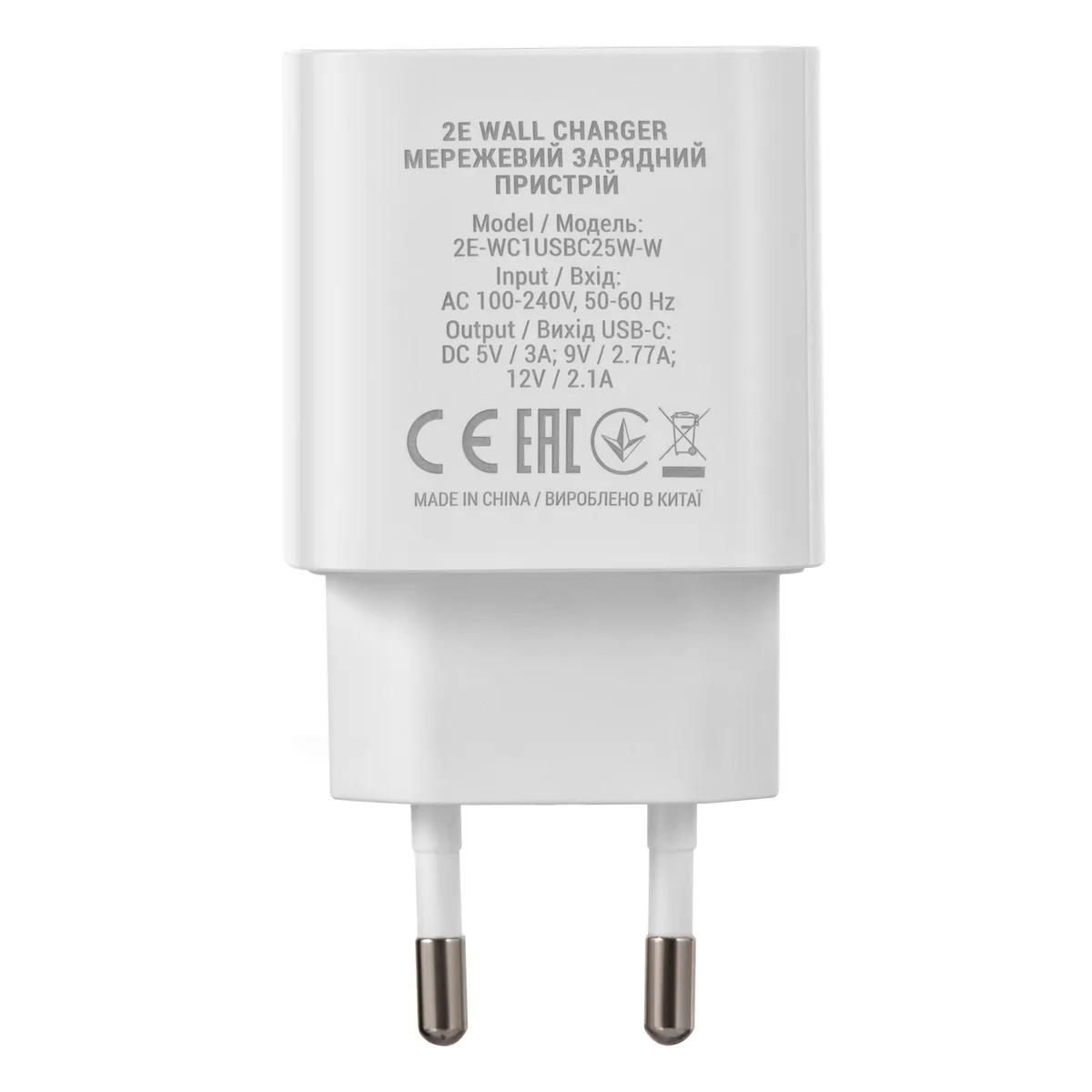 Зарядний пристрій мережевий 2E 25Вт USB-C PD, білий