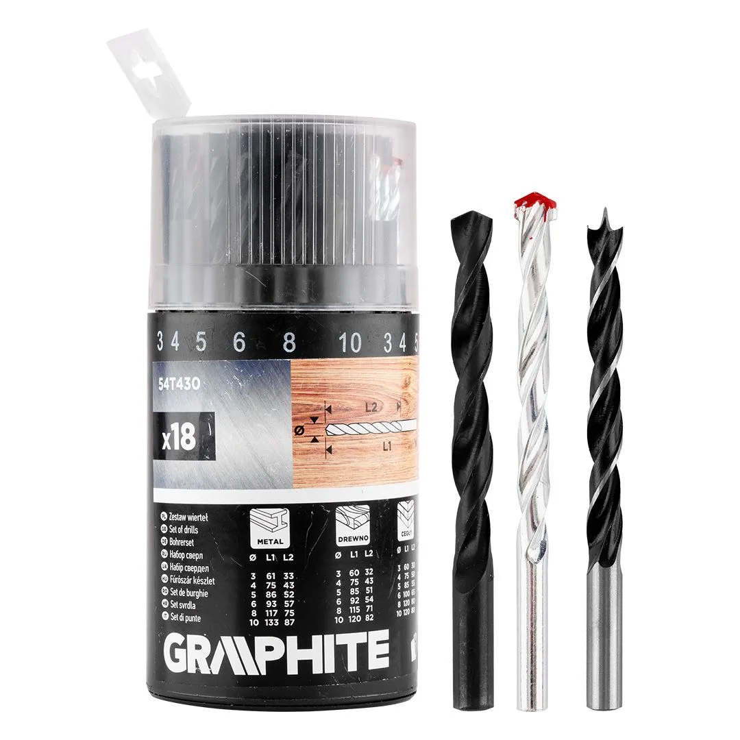Комплект свердел GRAPHITE для металу, дерева та цегли: 3-6, 8, 10 мм, 18 одиниць.