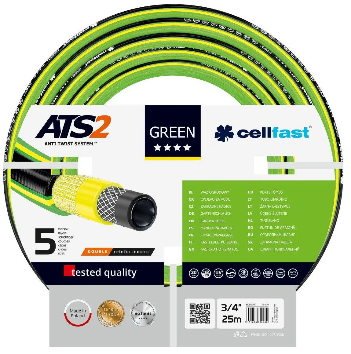 Шланг садовий Cellfast ПВХ 3/4" 25м зелений 5 шарів до 30бар -20…+60°C