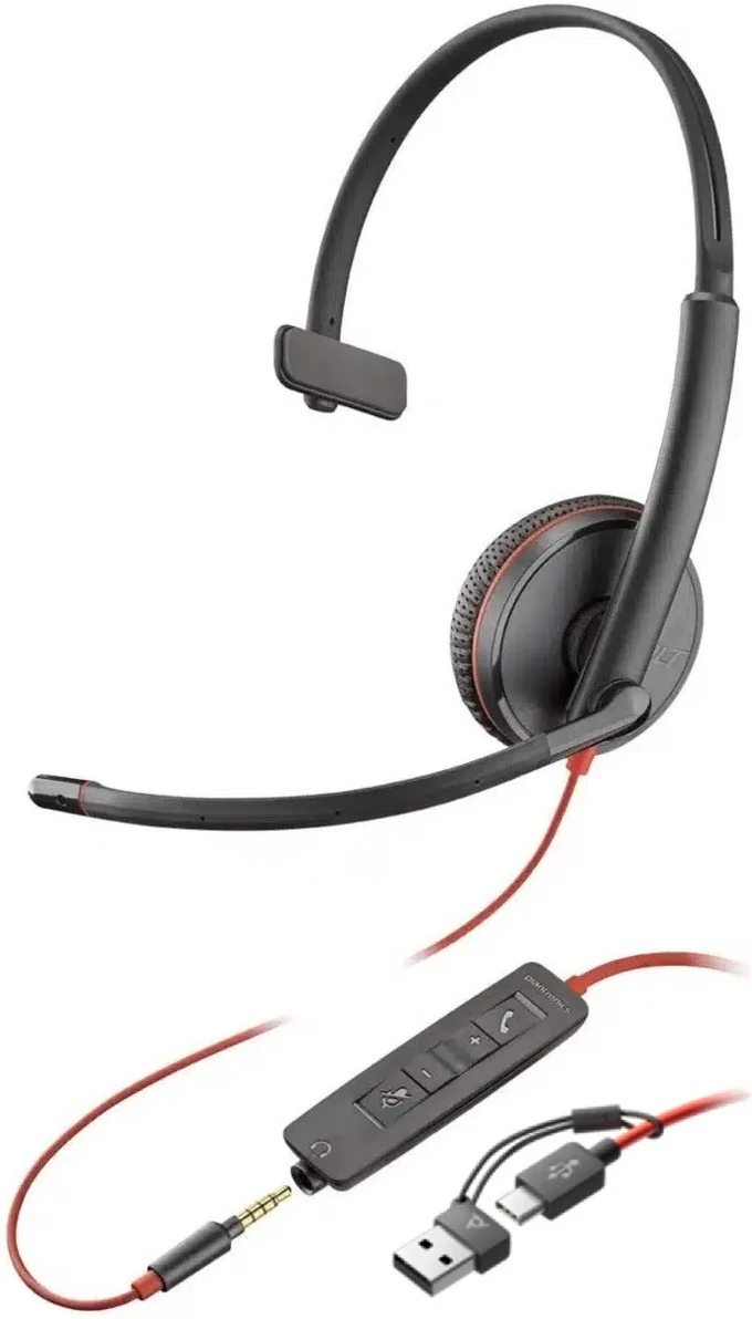 Компьютерная гарнитура моно On-ear Poly Blackwire 3215, USB-A, USB-C, 3.5 мм, всенаправленный, черный.