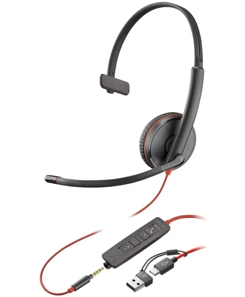 Компьютерная гарнитура моно On-ear Poly Blackwire 3215, USB-A, USB-C, 3.5 мм, всенаправленный, черный.