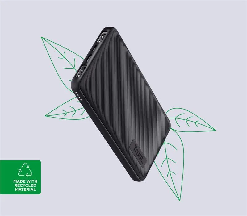 Портативный литий-ионный аккумулятор power bank Trust Primo ECO, 10000 мА·ч, 2xUSB-A/USB-C, 15W, черный.