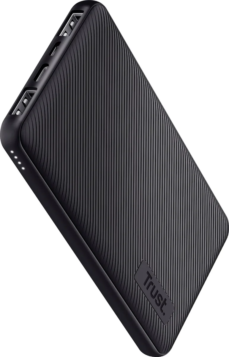Портативный литий-ионный аккумулятор power bank Trust Primo ECO, 10000 мА·ч, 2xUSB-A/USB-C, 15W, черный.