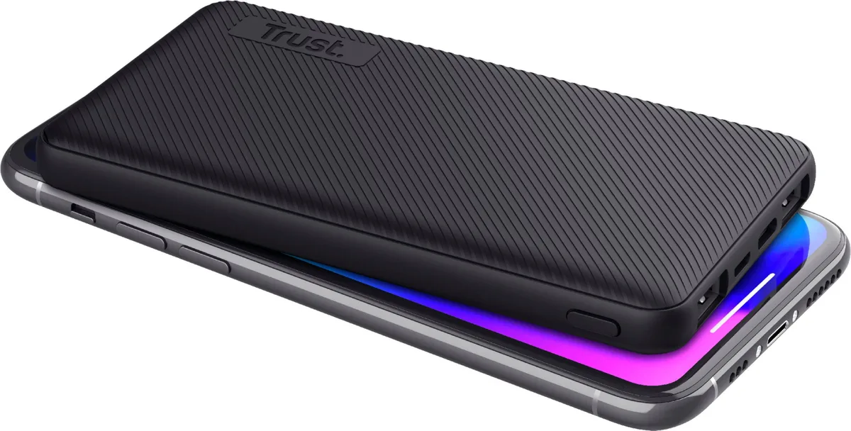 Портативный литий-ионный аккумулятор power bank Trust Primo ECO, 10000 мА·ч, 2xUSB-A/USB-C, 15W, черный.
