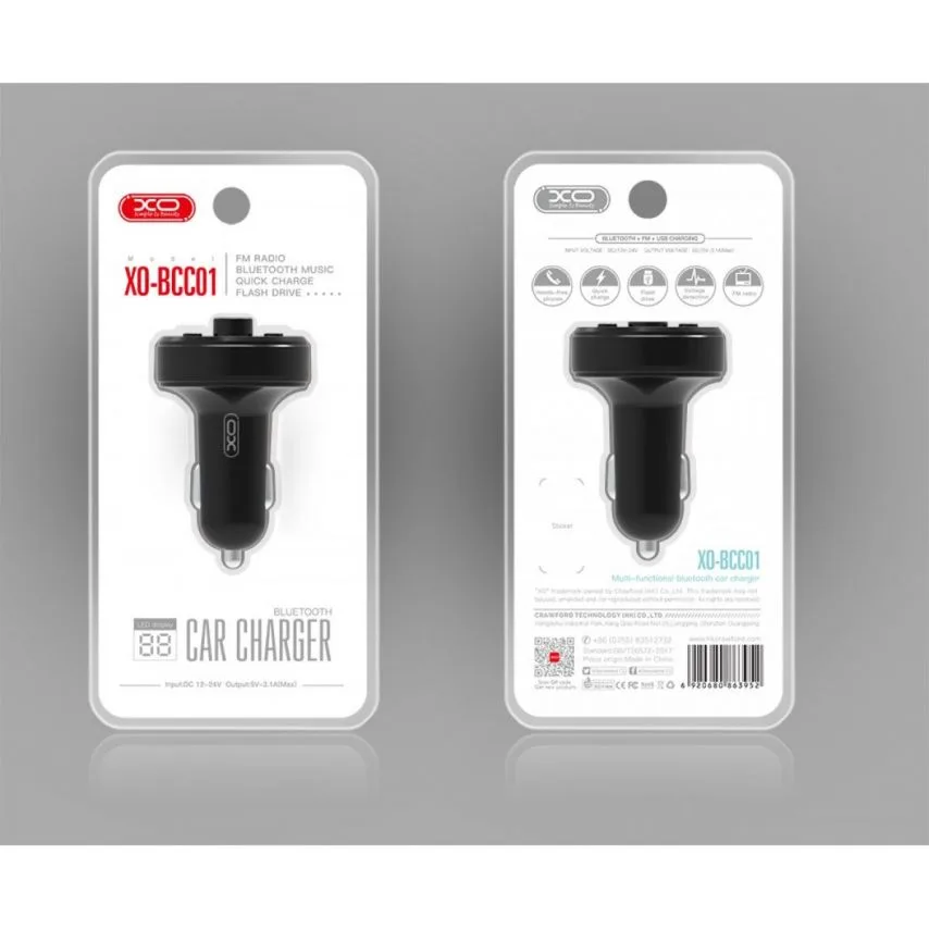 Автомобильное зарядное устройство FM-трансмиттер XO пластик 2USB 3.1A черный