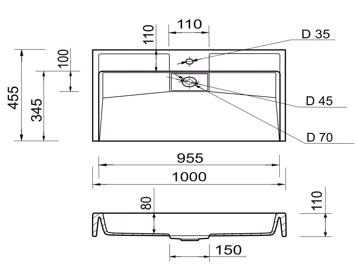 Раковина Adamant VISION 1000x45 см штучний камінь без переливу