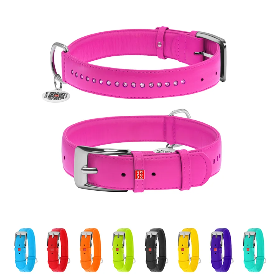 Нашийник WAUDOG Glamour шкіряний XL 35 мм 46-60 см рожевий зі стразами
