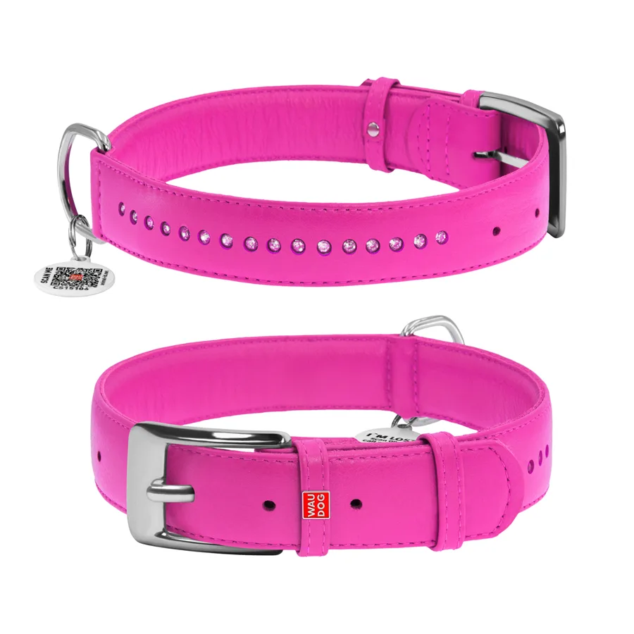 Нашийник WAUDOG Glamour шкіряний XL 35 мм 46-60 см рожевий зі стразами