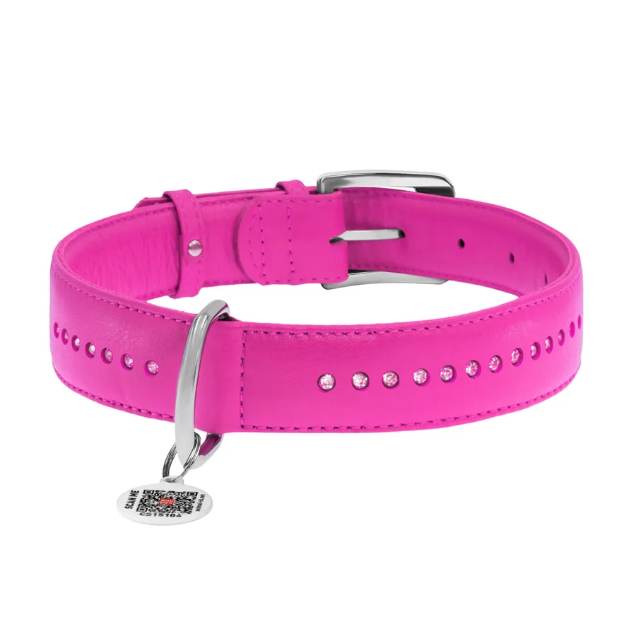 Нашийник WAUDOG Glamour шкіряний XL 35 мм 46-60 см рожевий зі стразами
