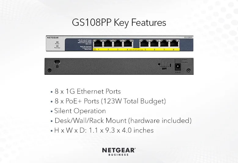Коммутатор NETGEAR GS108PP 8xGE PoE, 123Вт, Некерованный