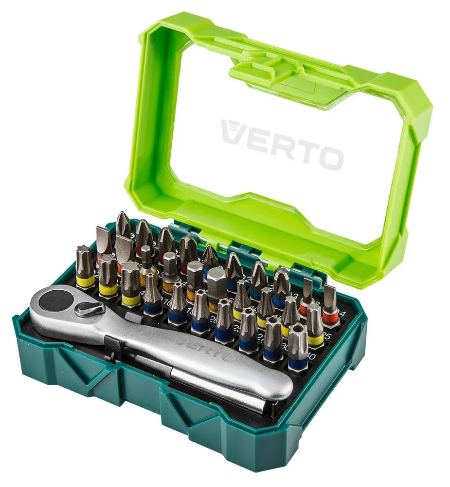 Набір біту Verto 1/4", бітотримач, тріскачковий ключ, SL, PH, PZ, H, TT, TX, 25 мм, CrV, в кейсі, 32 шт.